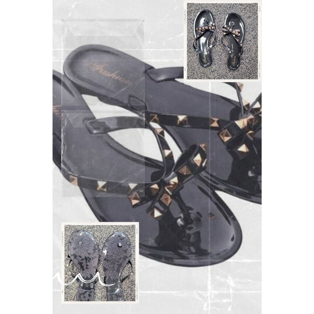 Fashion Jelly Sandals With Studded Bow Women's 8.5-9 (UK39)  Black & Gold Casual